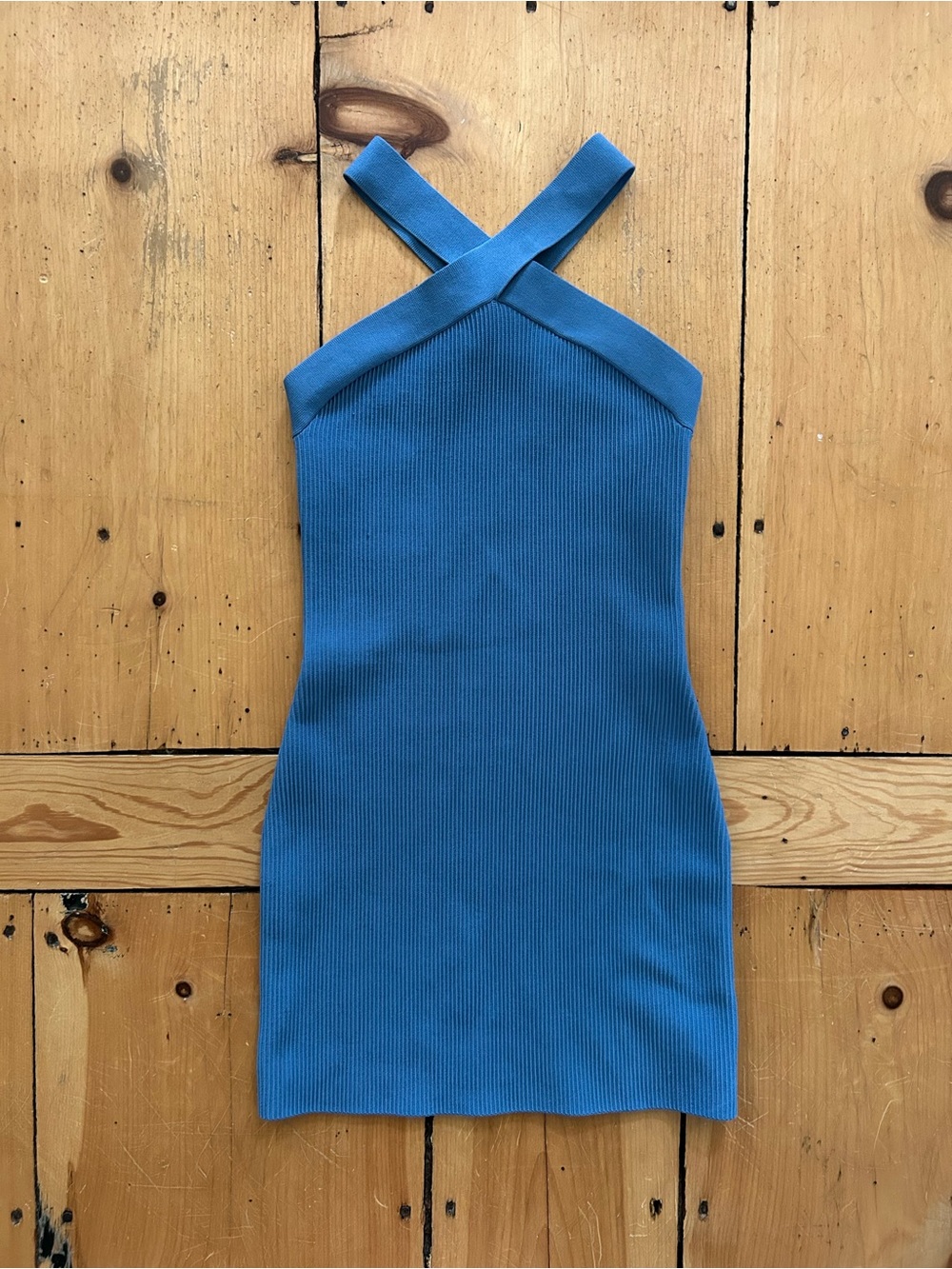 Aritzia Babaton Light Blue Ribbed Cross-Strap Mini Dress